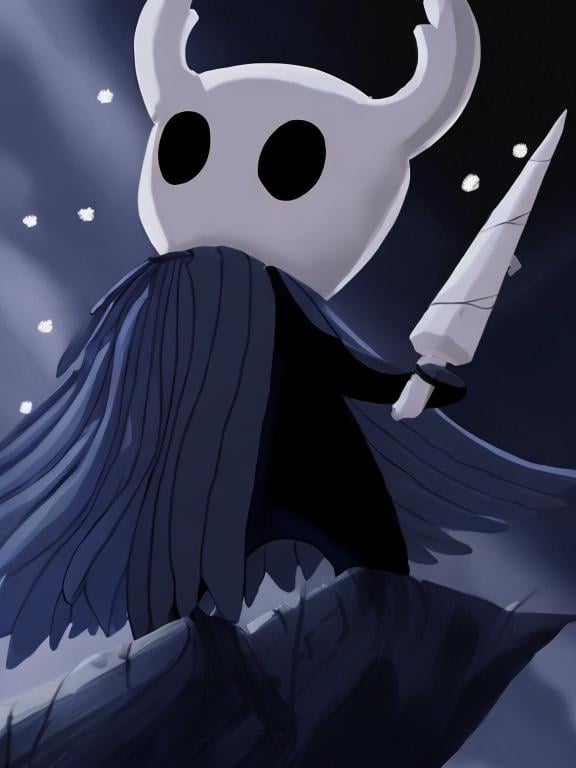 Prompt: create the ghost character from the hollow knight game franchise, the character has a black body and wears a beetle skull on his head, he always carries a kind of scarf and carries with him a stinger that he uses as a weapon perfect image, best quality the best image that ai can create