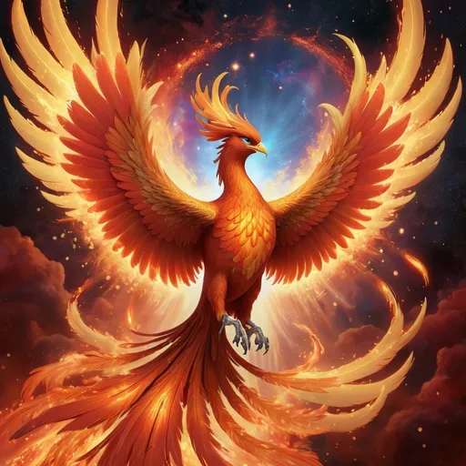 Prompt: A magnificent phoenix rising from glowing golden flames, its feathers shimmering in shades of red, orange, and gold. The background features a mystical, starry sky with planets visible in the distance. Sparks and embers float around the phoenix, creating a dramatic and empowering scene of rebirth and resilience."