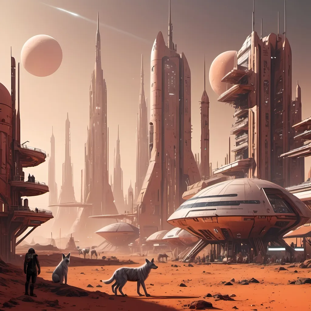 Prompt: A cyber punk city with rockets and elion animals in mars