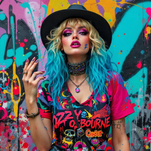 Prompt: Digital Realistic Image of Aqua punk 1980s grim and apocalypse , Dolly Parton pin up model, wearing OZZY OSBOURNE CONCERT T-SHIRT, very bright colors, street Graffiti , psychedelic, insane, otherworldly, explosion