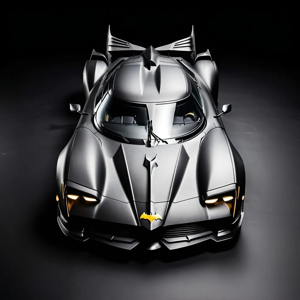 Prompt: Zoomed out photo of batmobile front side with black background 