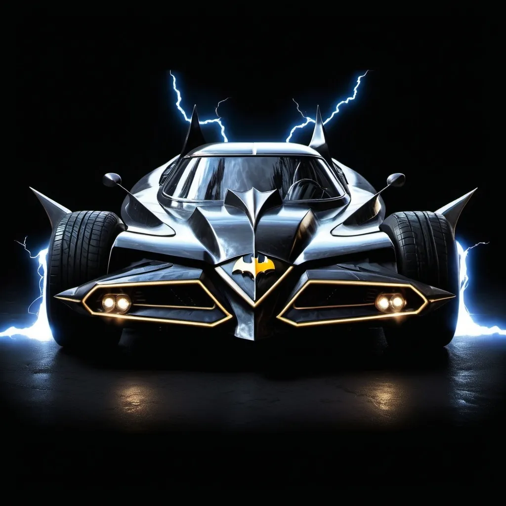 Prompt: Batmobile frontside with black background realistic gothic semi futuristic  dramatic lightning 