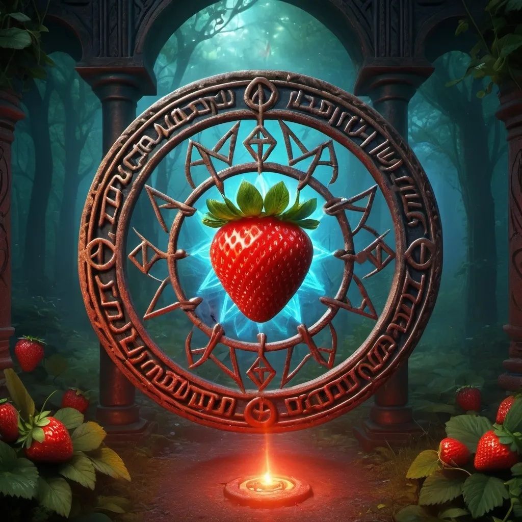 Prompt: (magic circle), intricate (arcane runes), vivid colors, glowing symbols, a unique rune resembling a gate, prominently featuring a (strawberry), enchanting ambiance, mystical atmosphere, ethereal lighting, detailed craftsmanship, digital art, not high definition, not realistic, magical realism.