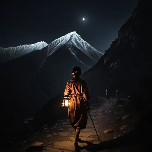 Prompt: Girl walking in dark with a lantern and staff in her hand, leading the oppressed people to the mountain 