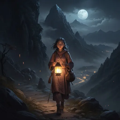 Prompt: Girl leading oppressed people, lantern, staff, mountain, dark atmosphere, fantasy, detailed character design, mystical lighting, highres, fantasy art, mystical, leading light, oppressed, atmospheric lighting, detailed environment