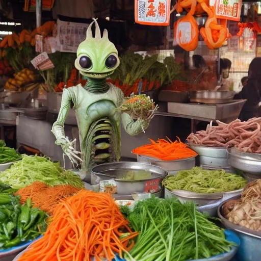 Prompt: old veggie robot alien selling carrot at the market wok cooking