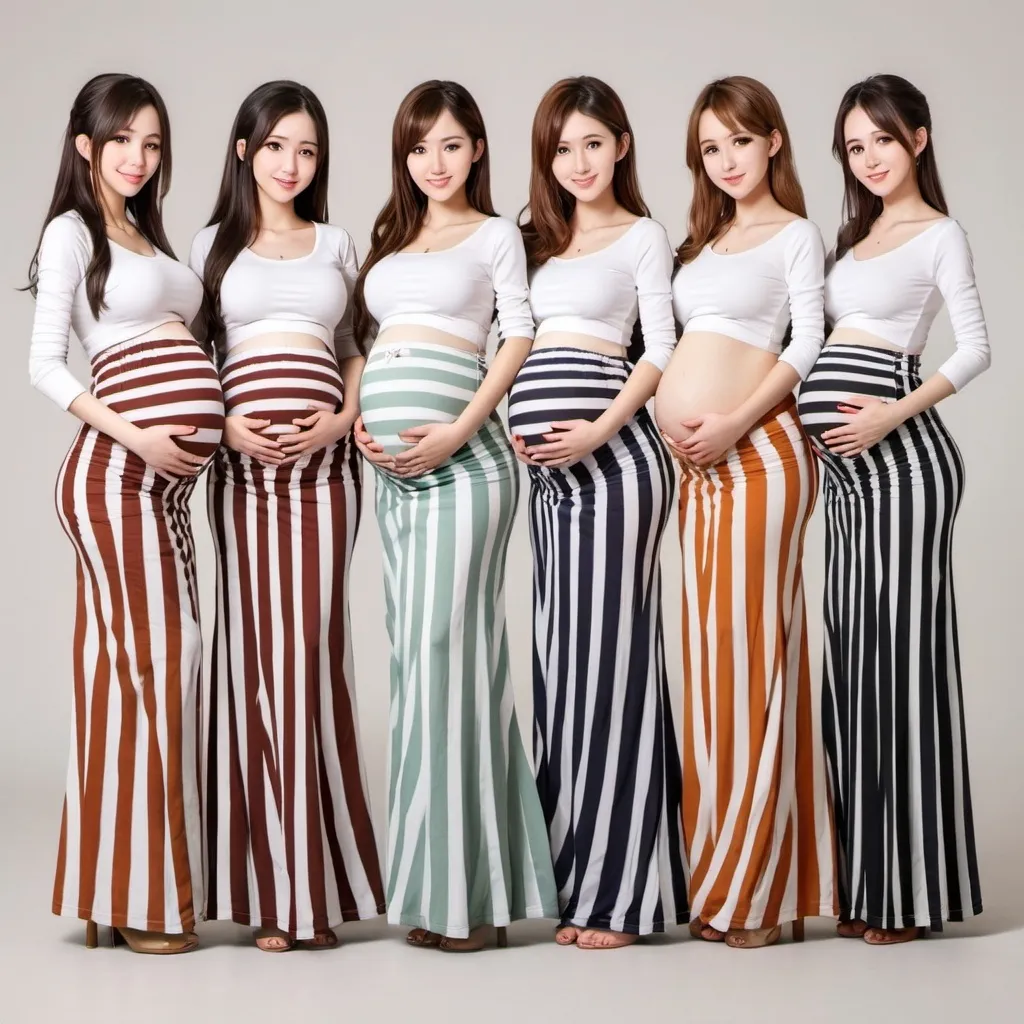 Prompt: Multiple pregnant anime girls wearing maxi long vertical striped skirts.