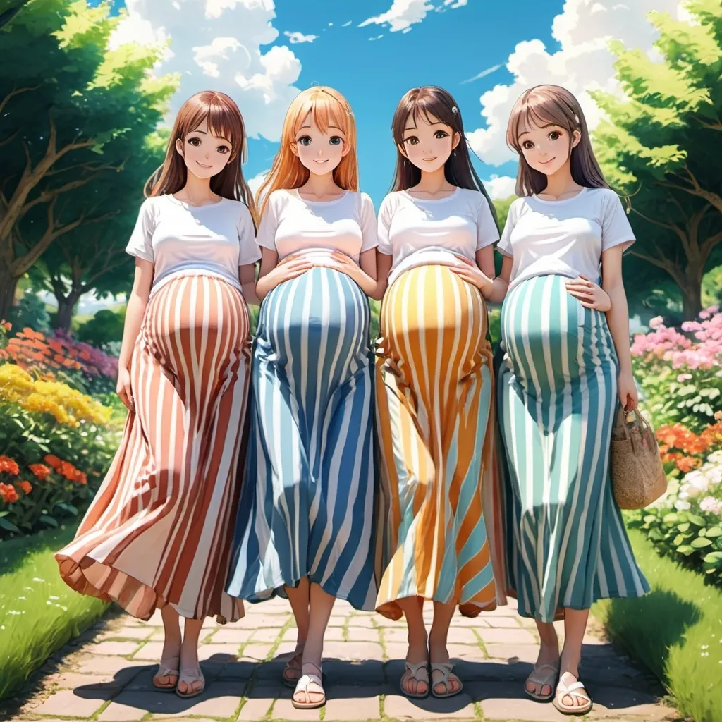 Prompt: Multiple pregnant anime girls wearing maxi long vertical striped skirts.