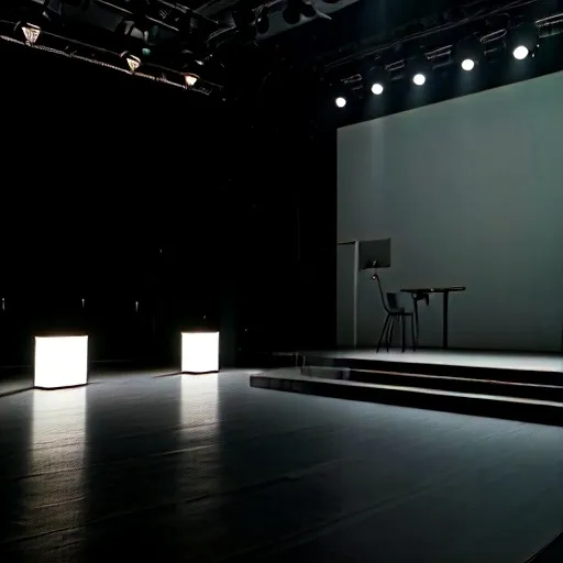 Prompt: Scenography for the play "An Ordinary Miracle" in the style of minimalism.The light is dim