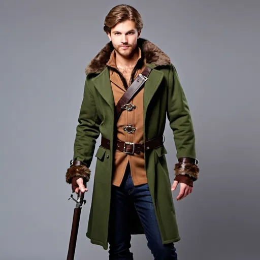 Prompt: Men's Fairytale Hunter Costume. Coat with fur and buckles.