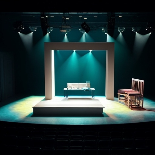 Prompt: Scenography for the play "An Ordinary Miracle" in the style of minimalism. In the center of the stage there is a cube similar to a room.