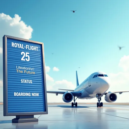 Prompt: A graduation-themed scene with a medium-sized airplane at the airport gate. Next to the airplane is a realistic airport departure board, designed to look like an actual flight board, showing placeholder text with clear blue headings. The board should have space for the following messages: "Flight: ROYAL-FLIGHT 25", "Destination: The Future", "Status: Boarding Now". Clean, modern, bright style with a hopeful and celebratory mood. The airplane and board are the main focus, with blue accents to match a school logo.
