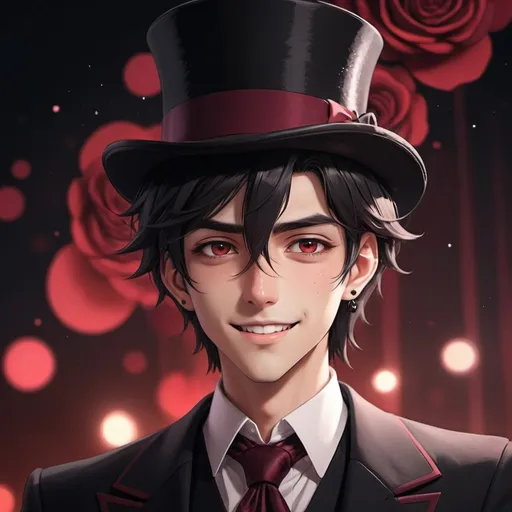 Prompt: Anime guy with slanted eyebrows, worried expression, pointy teeth smiling, black suit with maroon details, lunar black earrings, black tiny stars aura, black slightly long hair with maroon and white streaks, top hat, rose, (anime style), warm color scheme, dramatic lighting, rich color depth, cozy and intriguing atmosphere, ultra-detailed, high-quality 4K background, vibrant hues of maroon and black for depth, cinematic quality, exquisite detailing of textures, subtle bokeh effect in background, glowing highlights.