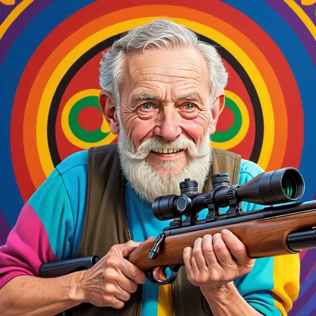 Prompt: cartoon of old man with beard holding air rifle with olympic rings in the background