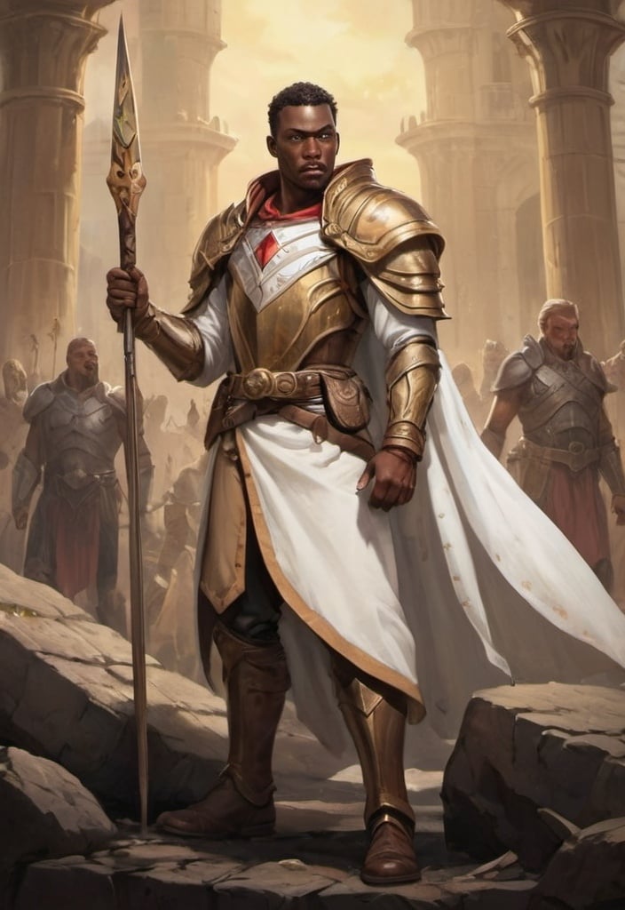 Prompt: Create a compelling visual representation of Cedric Ironheart, the Uncrowned King of Valoria, a noble and resolute leader determined to reclaim his birthright.

In the rugged wilderness of Valoria, amidst the ruins of his once-great kingdom, Cedric Ironheart stands tall and unwavering, a figure of strength and determination against the backdrop of a tumultuous sky. His attire, though worn and weathered by years of exile, bears the insignia of his noble lineage, a reminder of the legacy that he carries within him.

Cedric's features are stern yet noble, his eyes burning with a fierce determination to reclaim the throne that was stolen from him. His jaw is set in a determined line, his expression a reflection of the unwavering resolve that drives him forward in the face of adversity.

Though he is uncrowned, there is an air of regal authority about Cedric, a presence that commands respect and reverence from all who stand in his presence. He carries himself with the dignity and poise of a true king, his every movement imbued with the grace and power of a born leader.

In one hand, Cedric holds the hilt of a sword, a symbol of his commitment to reclaiming his birthright and restoring peace to his kingdom. In the other hand, he holds a tattered banner emblazoned with the crest of Valoria, a beacon of hope for all who still believe in the rightful rule of their uncrowned king.

Behind Cedric, the landscape stretches out in all directions, a testament to the beauty and resilience of the kingdom that he seeks to reclaim. Though the path ahead is fraught with peril and uncertainty, Cedric remains undaunted, his heart ablaze with the fire of determination as he marches ever onward towards his destiny."