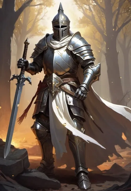 Prompt: Produce a splash art of a holy warrior. The warrior is male with a full-face iron helm and wears priestly robes. He holds a big two handed greatsword  that radiates with holy power. Before him, undead skeletons crumble into dust as the radiant light destroys them. A shining white cloak billows behind her. Heroic fantasy aesthetic.

Radiant glowing greatsword. Holy knight full-face helm.