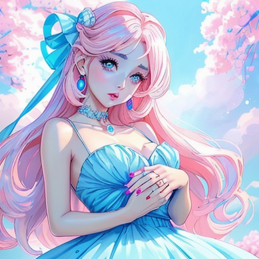 Prompt: Beautiful lady wearing sky blue dress, anime
, fined features, 8K, fair and glossy skin, big eyes, light makeup, fashion jewelry, baby pink nailpolish, baby pink lips