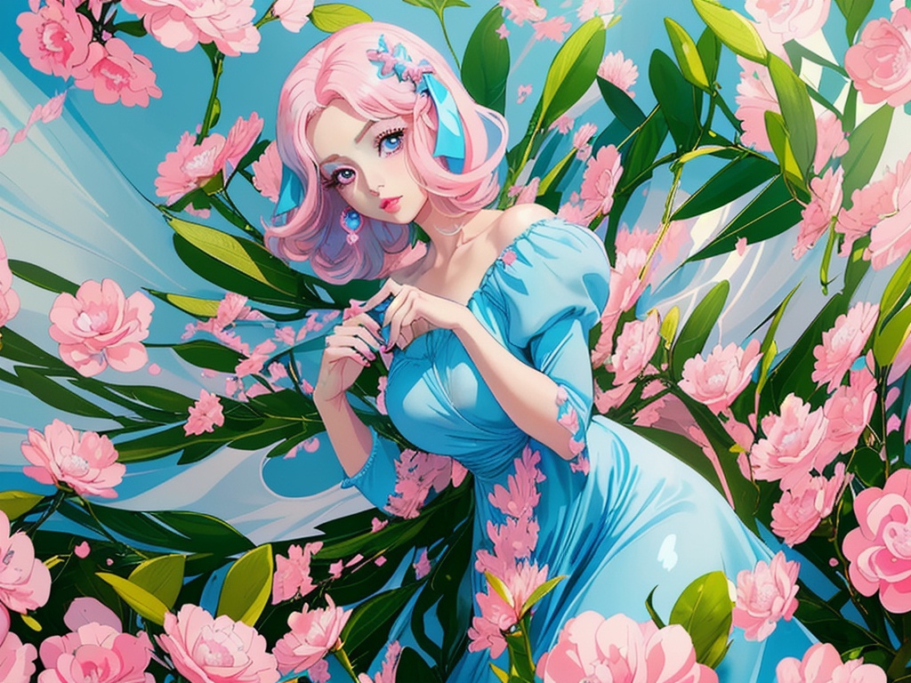 Prompt: Beautiful lady wearing sky blue dress, anime
, fined features, 8K, fair and glossy skin, big eyes, light makeup, fashion jewelry, baby pink nailpolish, baby pink lips