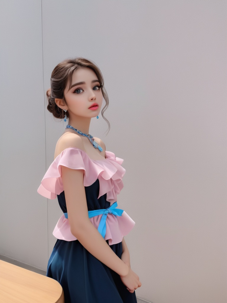 Prompt: Beautiful lady wearing sky blue dress, anime
, fined features, 8K, fair and glossy skin, big eyes, light makeup, fashion jewelry, baby pink nailpolish, baby pink lips