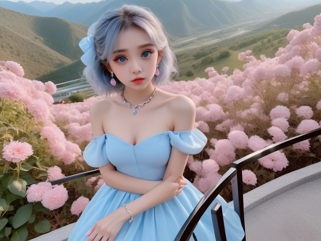 Prompt: Beautiful lady wearing sky blue dress, anime
, fined features, 8K, fair and glossy skin, big eyes, light makeup, fashion jewelry, baby pink nailpolish, baby pink lips