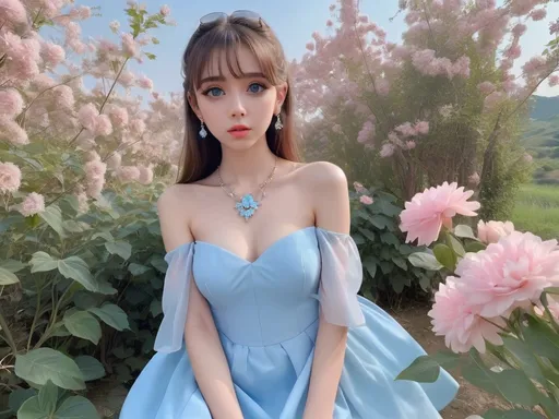 Prompt: Beautiful lady wearing sky blue dress, anime
, fined features, 8K, fair and glossy skin, big eyes, light makeup, fashion jewelry, baby pink nailpolish, baby pink lips