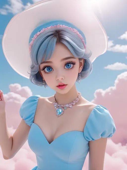 Prompt: Beautiful lady wearing sky blue dress, anime
, fined features, 8K, fair and glossy skin, big eyes, light makeup, fashion jewelry, baby pink nailpolish, baby pink lips