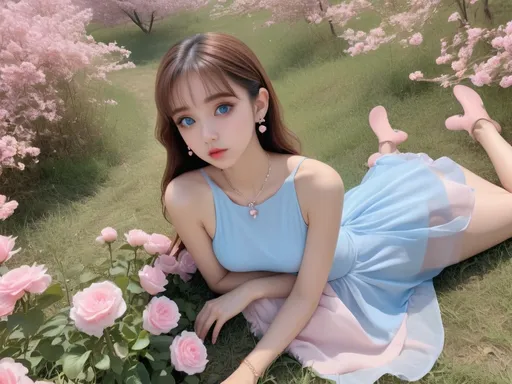 Prompt: Beautiful lady wearing sky blue dress, anime
, fined features, 8K, fair and glossy skin, big eyes, light makeup, fashion jewelry, baby pink nailpolish, baby pink lips