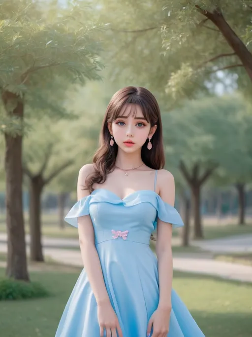 Prompt: Beautiful lady wearing sky blue dress, anime
, fined features, 8K, fair and glossy skin, big eyes, light makeup, fashion jewelry, baby pink nailpolish, baby pink lips