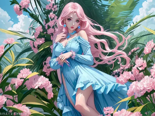 Prompt: Beautiful lady wearing sky blue dress, anime
, fined features, 8K, fair and glossy skin, big eyes, light makeup, fashion jewelry, baby pink nailpolish, baby pink lips