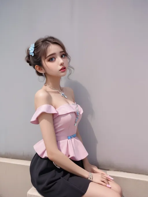 Prompt: Beautiful lady wearing sky blue dress, anime
, fined features, 8K, fair and glossy skin, big eyes, light makeup, fashion jewelry, baby pink nailpolish, baby pink lips