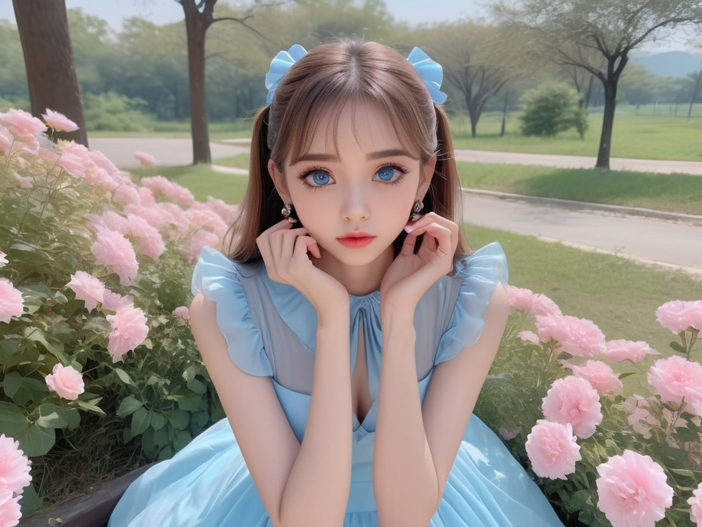 Prompt: Beautiful lady wearing sky blue dress, anime
, fined features, 8K, fair and glossy skin, big eyes, light makeup, fashion jewelry, baby pink nailpolish, baby pink lips