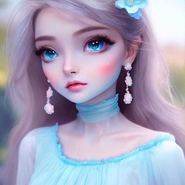 Prompt: Beautiful lady wearing sky blue dress, anime
, fined features, 8K, fair and glossy skin, big eyes, light makeup, fashion jewelry, baby pink nailpolish, baby pink lips