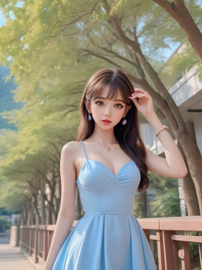 Prompt: Beautiful lady wearing sky blue dress, anime
, fined features, 8K, fair and glossy skin, big eyes, light makeup, fashion jewelry, baby pink nailpolish, baby pink lips