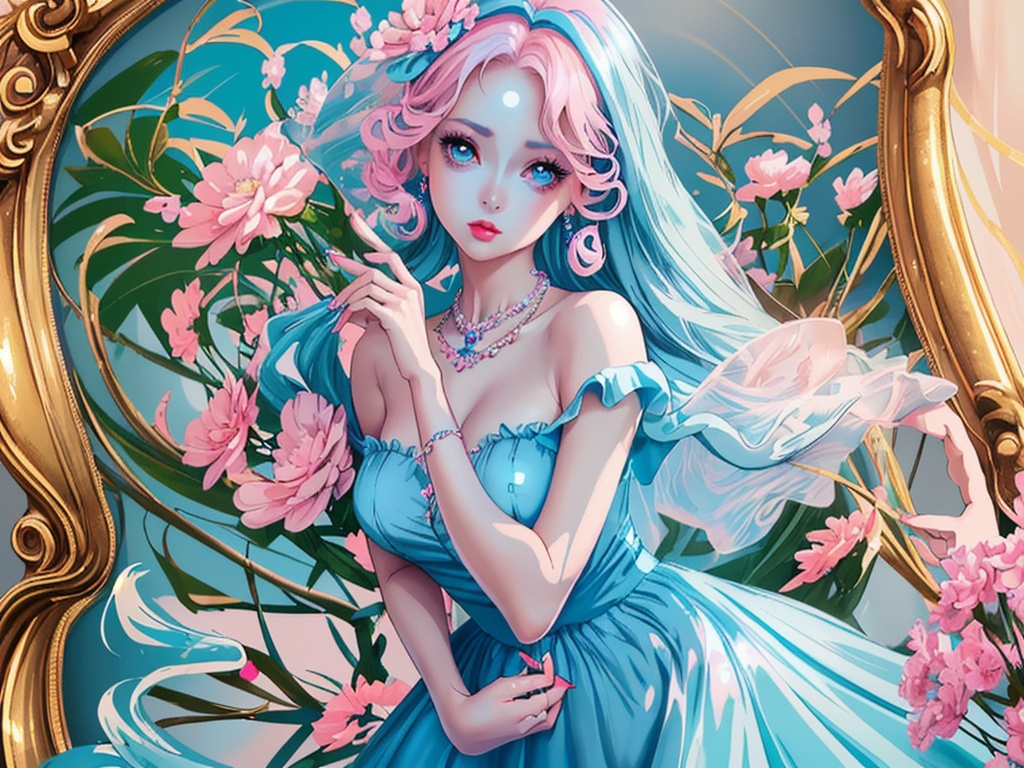 Prompt: Beautiful lady wearing sky blue dress, anime
, fined features, 8K, fair and glossy skin, big eyes, light makeup, fashion jewelry, baby pink nailpolish, baby pink lips