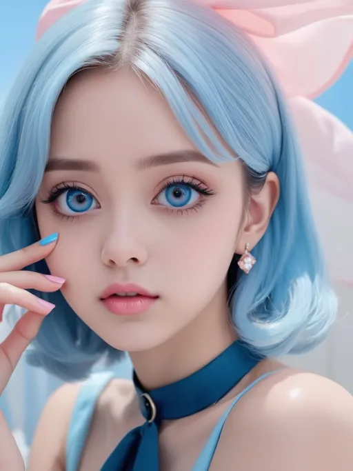 Prompt: Beautiful lady wearing sky blue dress, anime
, fined features, 8K, fair and glossy skin, big eyes, light makeup, fashion jewelry, baby pink nailpolish, baby pink lips
