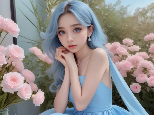 Prompt: Beautiful lady wearing sky blue dress, anime
, fined features, 8K, fair and glossy skin, big eyes, light makeup, fashion jewelry, baby pink nailpolish, baby pink lips