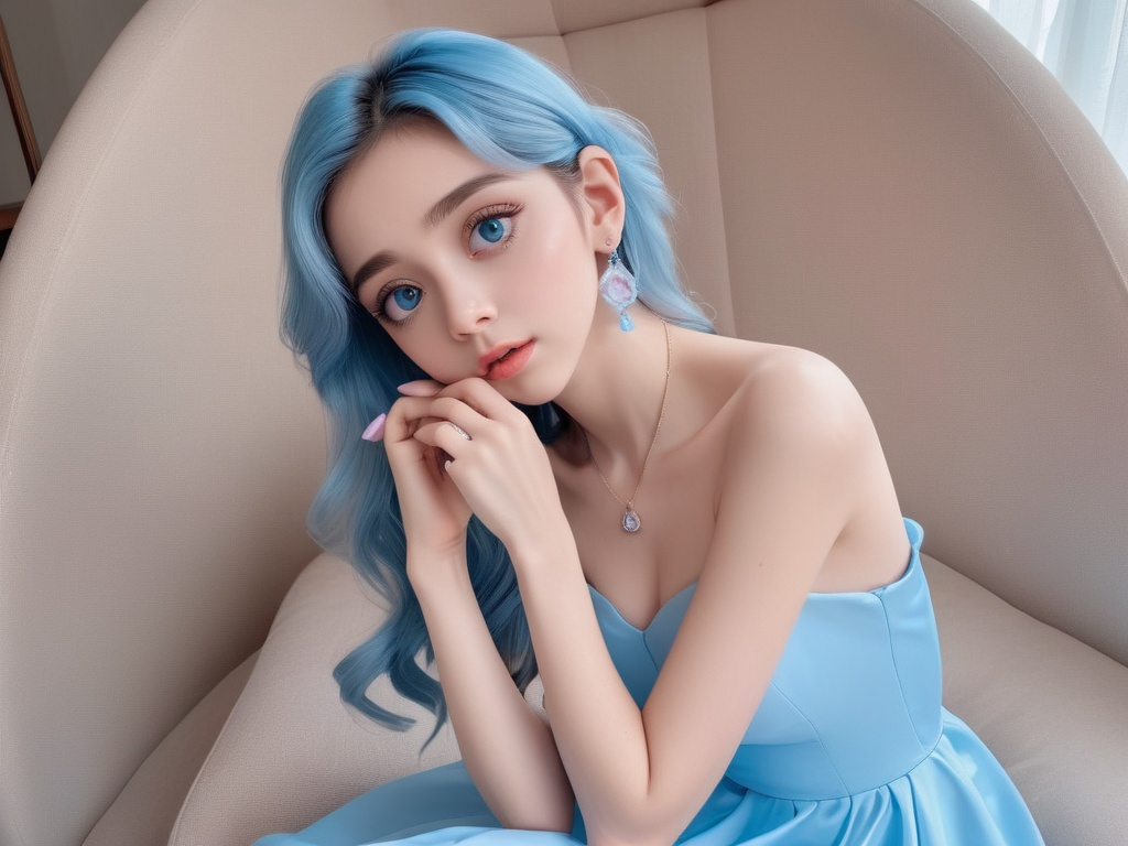 Prompt: Beautiful lady wearing sky blue dress, anime
, fined features, 8K, fair and glossy skin, big eyes, light makeup, fashion jewelry, baby pink nailpolish, baby pink lips