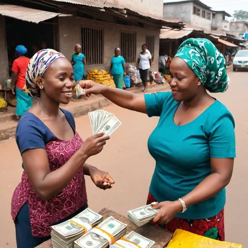 Prompt: Pictures of two women 
vendors exchanging money 