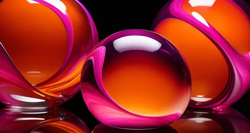 Prompt: Abstract glossy (fluid-like) transparent structures, (transparent) spheres of (magenta) and (orange) molten glass suspended in mid-air, dynamic and captivating, against a deep, dark backdrop that intensifies the vivid colors, ultra-detailed, high quality, dramatic lighting, creating a mesmerizing and ethereal atmosphere.