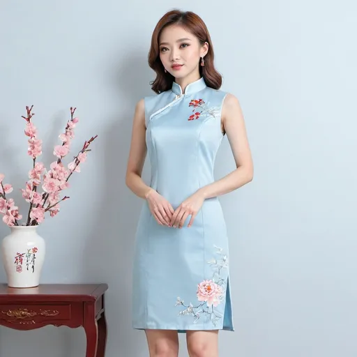 Prompt: modern midi cheongsam light blue