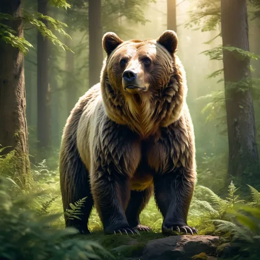 Prompt: (Bear), majestic creature, standing amidst an enchanting forest, warm sunlight filtering through vibrant green leaves, soft earth tones in fur, serene and powerful stance, inviting yet wild, detailed textures, surrounded by a mystical atmosphere filled with hazy magical light, captivating depth, ultra-detailed, 4K quality, nature's beauty on display.