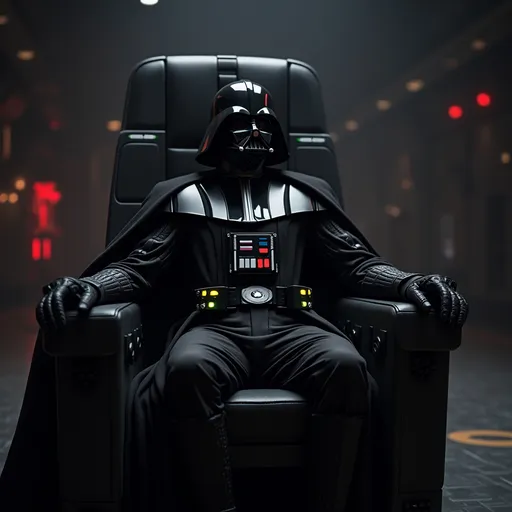 Prompt: darth vader on the death star sat in the seat that palpatine sits on with luke beside him with yellow eyes 