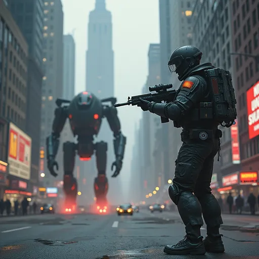 Prompt: "New York City, 2057—once a beacon of progress, now a battlefield. Towering war machines patrol the streets, their synthetic optics scanning for resistance. Smoke and neon mix in the skyline as a lone soldier, battle-worn but relentless, takes a stand. His exo-suit hums, energy cells flickering. He levels his plasma rifle at the advancing robotic horde—this is humanity’s last stand. The question is: does he fight to win, or just to prove that mankind refuses to kneel?"