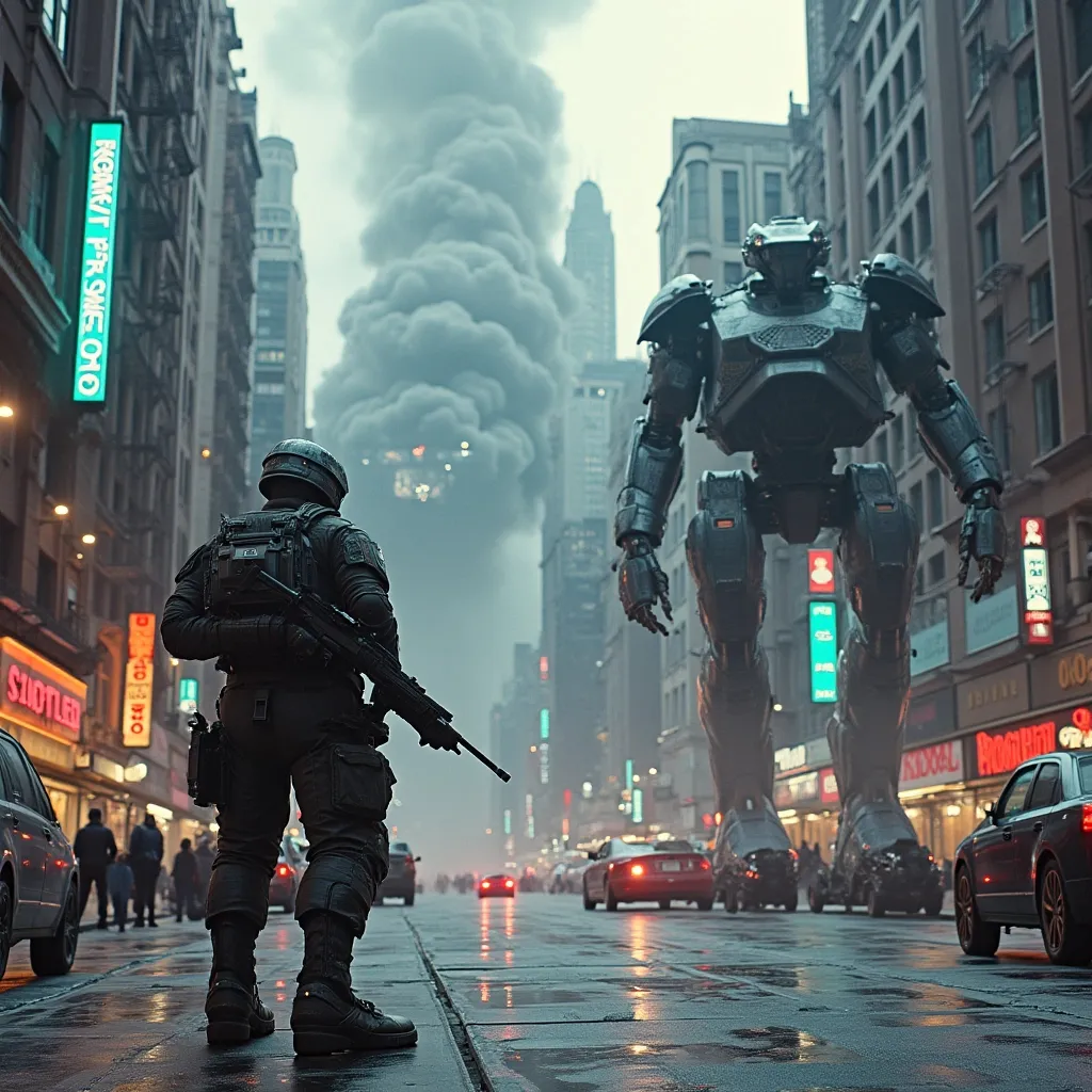 Prompt: "New York City, 2057—once a beacon of progress, now a battlefield. Towering war machines patrol the streets, their synthetic optics scanning for resistance. Smoke and neon mix in the skyline as a lone soldier, battle-worn but relentless, takes a stand. His exo-suit hums, energy cells flickering. He levels his plasma rifle at the advancing robotic horde—this is humanity’s last stand. The question is: does he fight to win, or just to prove that mankind refuses to kneel?"