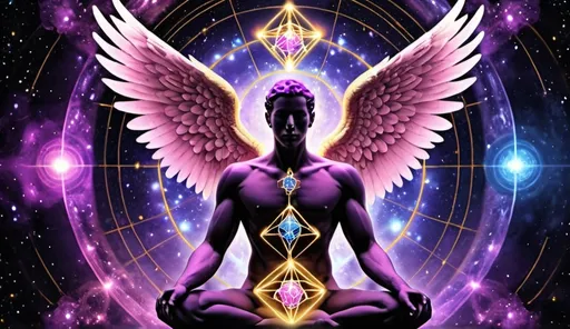 Prompt: metatrons cube male angel galaxy purple pink blue portal healing gold