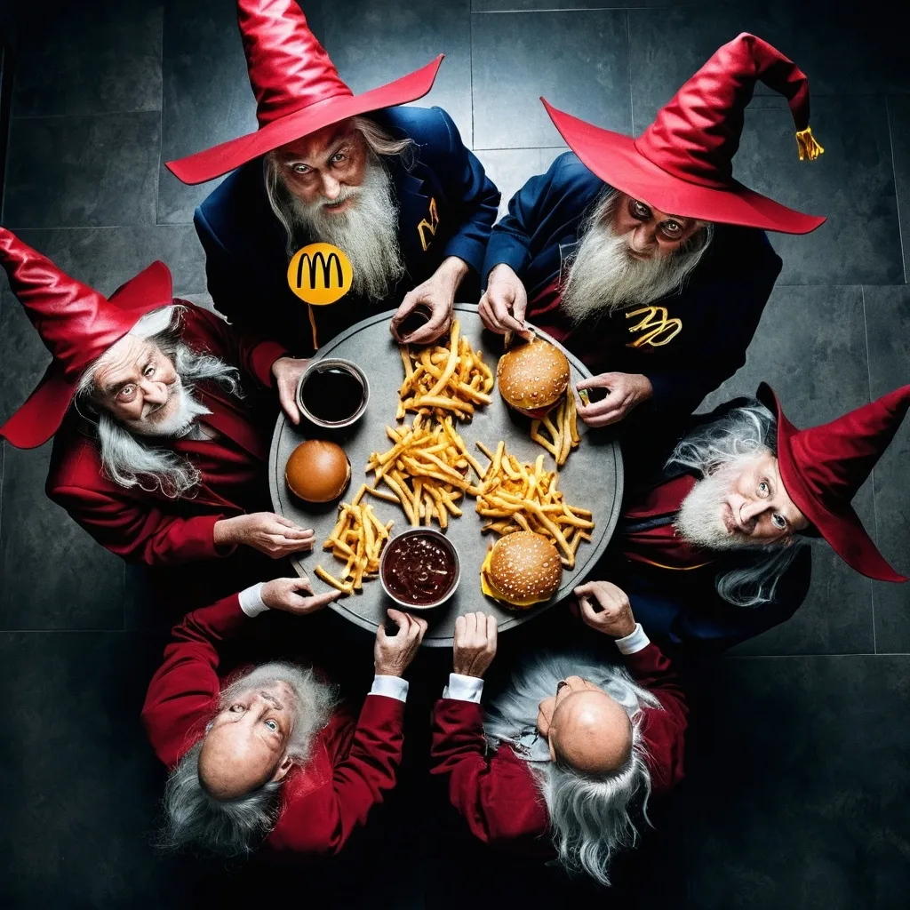 Prompt: old wizards at mcdonalds overhead angle with dark colors