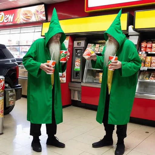 Prompt: old wizards stealing mountain dew from mcdonalds