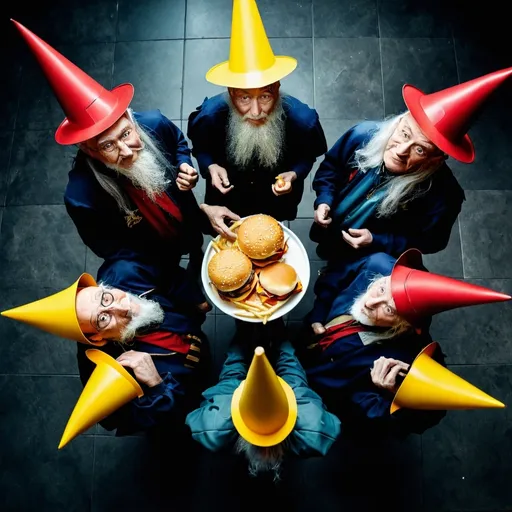 Prompt: old wizards at mcdonalds overhead angle with dark colors