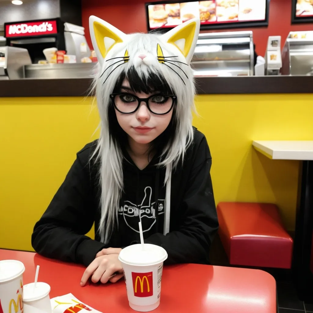 Prompt: emo cat girl at mcdonalds