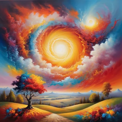 Prompt: Dreamy landscape painting  with bright colors, swirling patterns, oil painting, high quality, vibrant colors, surreal, detailed brushwork, professional, atmospheric lighting. It should evoke feelings of the end of a dream.  Swirly cloud sun.